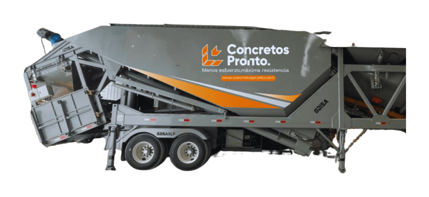 Planta móvil ODISA sobre remolque, rotulada Concretos Pronto